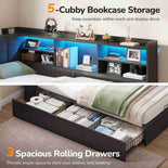 DICTAC | Corner Bed with 3 Drawers, Bookcase, LED Lights & Charging Station, Hidden Headboard Storage, Black