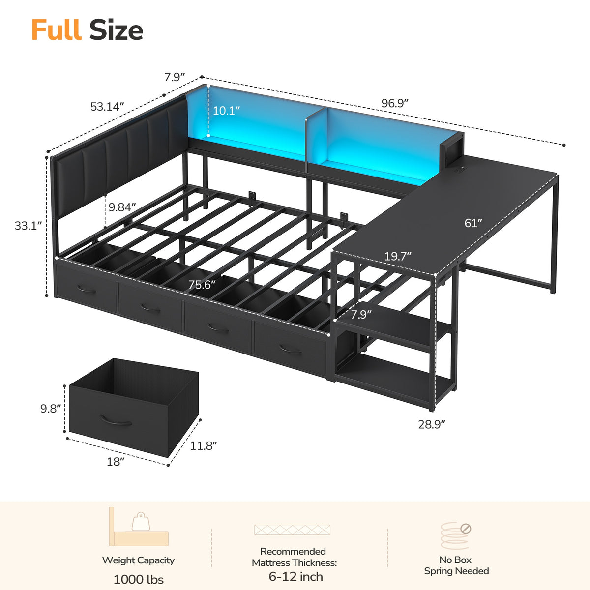 DICTAC | Corner Bed Frame with Gaming Desk, 4 Drawers & Charging Station - Black