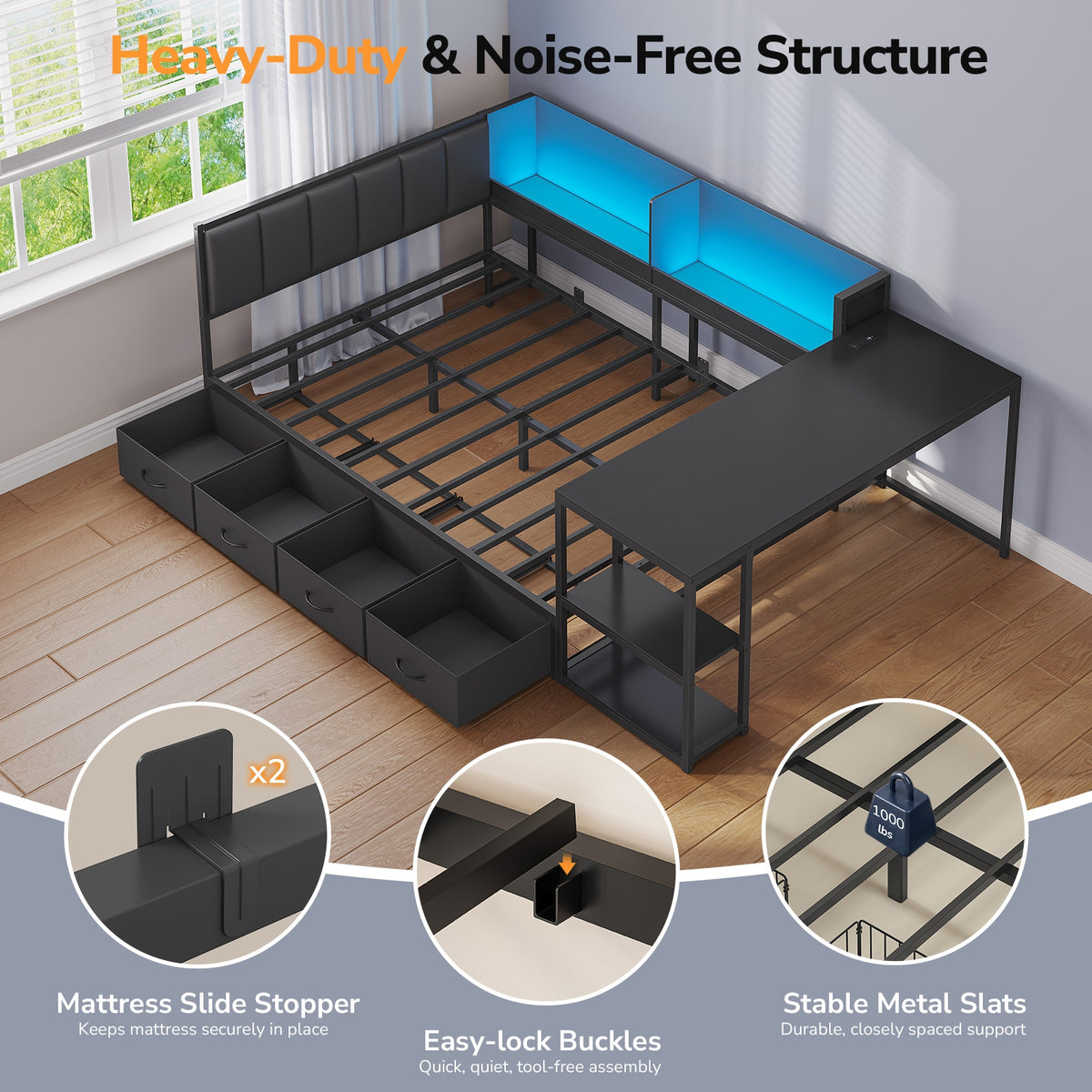 DICTAC | Corner Bed Frame with Gaming Desk, 4 Drawers & Charging Station - Black