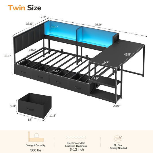DICTAC | Corner Bed Frame with Gaming Desk, 4 Drawers & Charging Station - Black