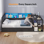 DICTAC | Corner Bed Frame with Gaming Desk, 4 Drawers & Charging Station - Black