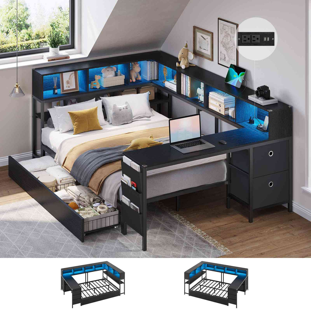 DICTAC | Twin Corner Bed Frame with Desk, Storage Drawers, LED Lights & Charging Station, Bookcase Daybed for Girls