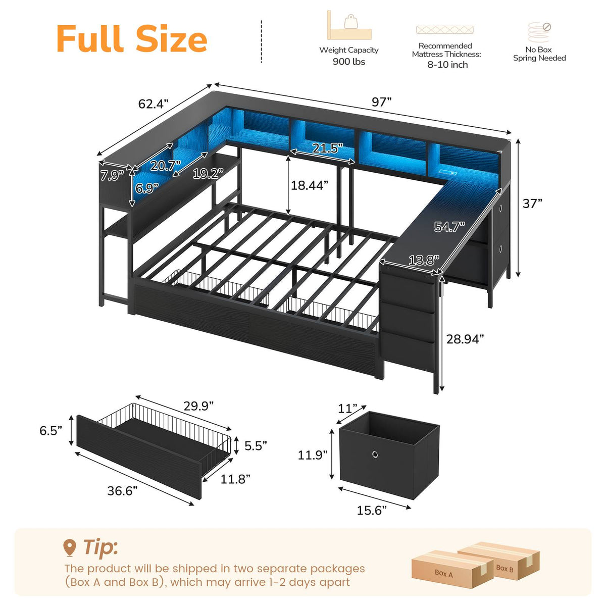 DICTAC | Twin Corner Bed Frame with Desk, Storage Drawers, LED Lights & Charging Station, Bookcase Daybed for Girls