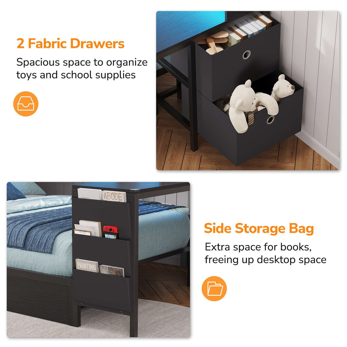 DICTAC | Twin Corner Bed Frame with Desk, Storage Drawers, LED Lights & Charging Station, Bookcase Daybed for Girls