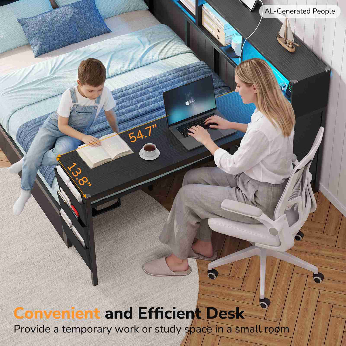 DICTAC | Twin Corner Bed Frame with Desk, Storage Drawers, LED Lights & Charging Station, Bookcase Daybed for Girls