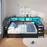 DICTAC | Twin Corner Bed Frame with Desk, Storage Drawers, LED Lights & Charging Station, Bookcase Daybed for Girls