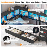 DICTAC | Twin Corner Bed Frame with Desk, Storage Drawers, LED Lights & Charging Station, Bookcase Daybed for Girls