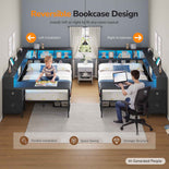 DICTAC | Twin Corner Bed Frame with Desk, Storage Drawers, LED Lights & Charging Station, Bookcase Daybed for Girls