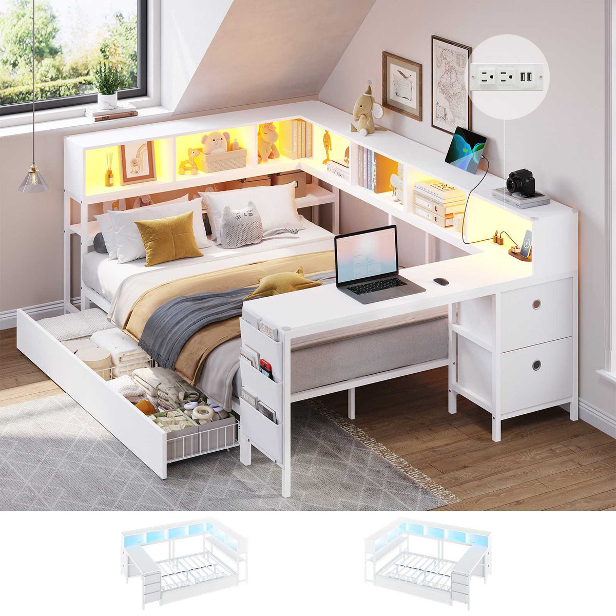 DICTAC | Twin Corner Bed Frame with Desk, Storage Drawers, LED Lights & Charging Station, Bookcase Daybed for Girls