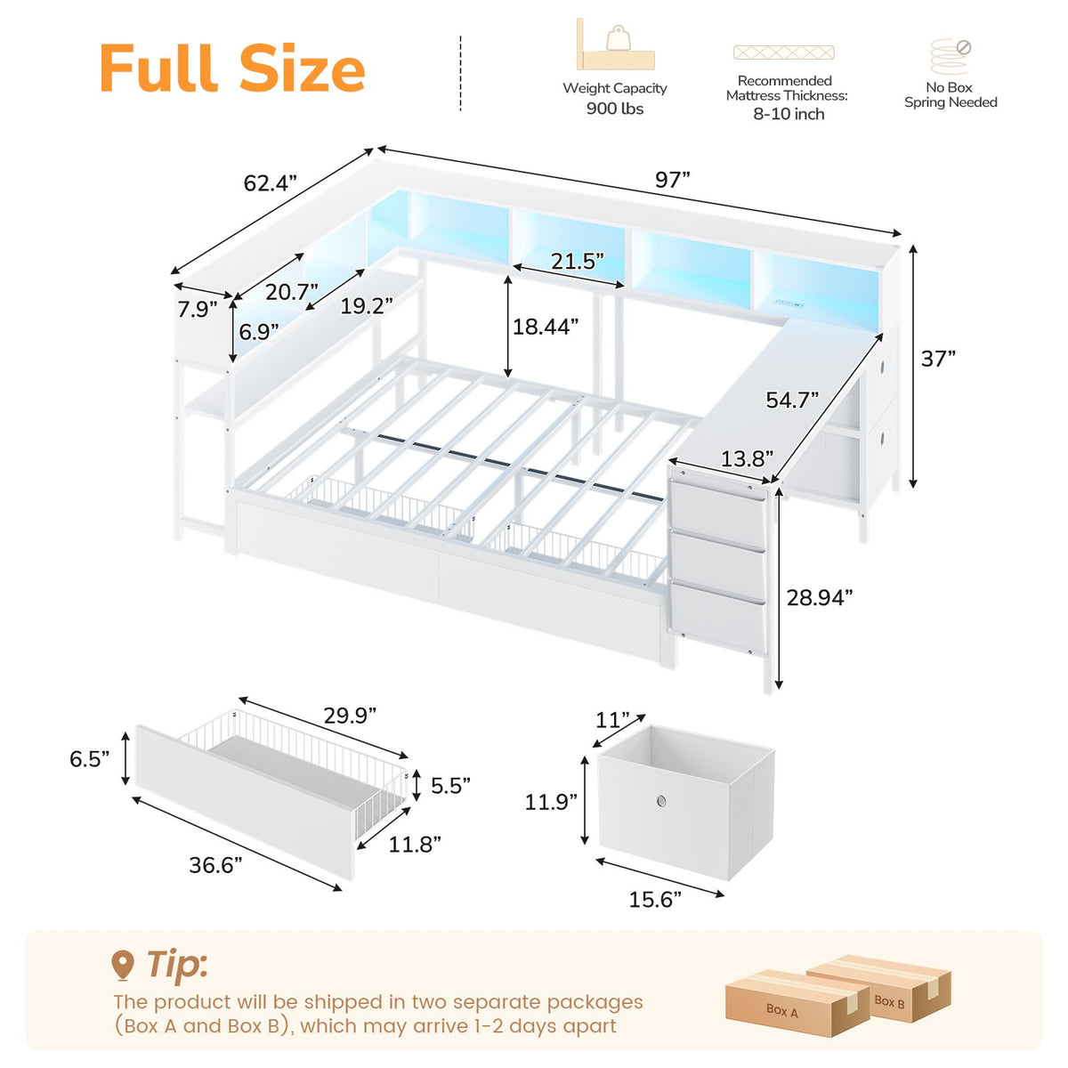 DICTAC | Twin Corner Bed Frame with Desk, Storage Drawers, LED Lights & Charging Station, Bookcase Daybed for Girls