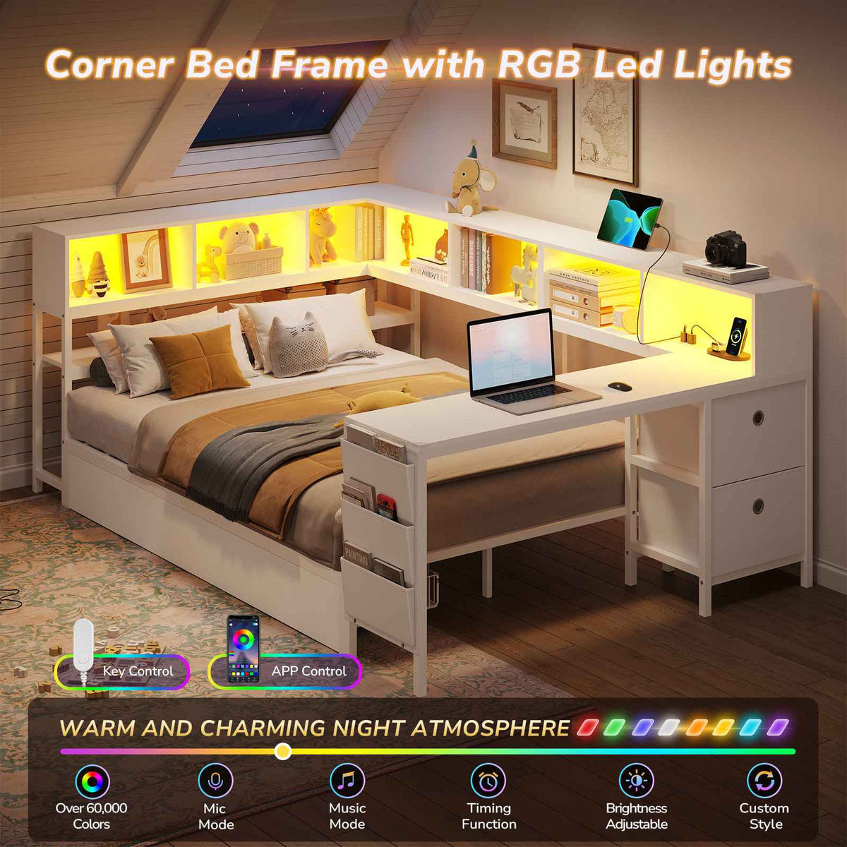 DICTAC | Twin Corner Bed Frame with Desk, Storage Drawers, LED Lights & Charging Station, Bookcase Daybed for Girls