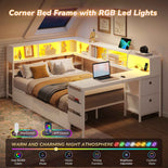 DICTAC | Twin Corner Bed Frame with Desk, Storage Drawers, LED Lights & Charging Station, Bookcase Daybed for Girls