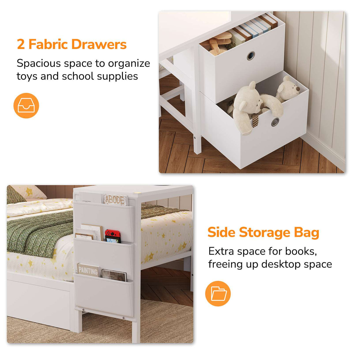 DICTAC | Twin Corner Bed Frame with Desk, Storage Drawers, LED Lights & Charging Station, Bookcase Daybed for Girls