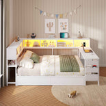 DICTAC | Twin Corner Bed Frame with Desk, Storage Drawers, LED Lights & Charging Station, Bookcase Daybed for Girls