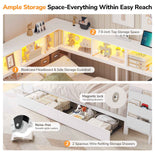 DICTAC | Twin Corner Bed Frame with Desk, Storage Drawers, LED Lights & Charging Station, Bookcase Daybed for Girls