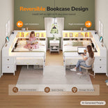 DICTAC | Twin Corner Bed Frame with Desk, Storage Drawers, LED Lights & Charging Station, Bookcase Daybed for Girls
