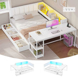 DICTAC | Corner Bed Frame with Gaming Desk, 4 Drawers & Charging Station - White