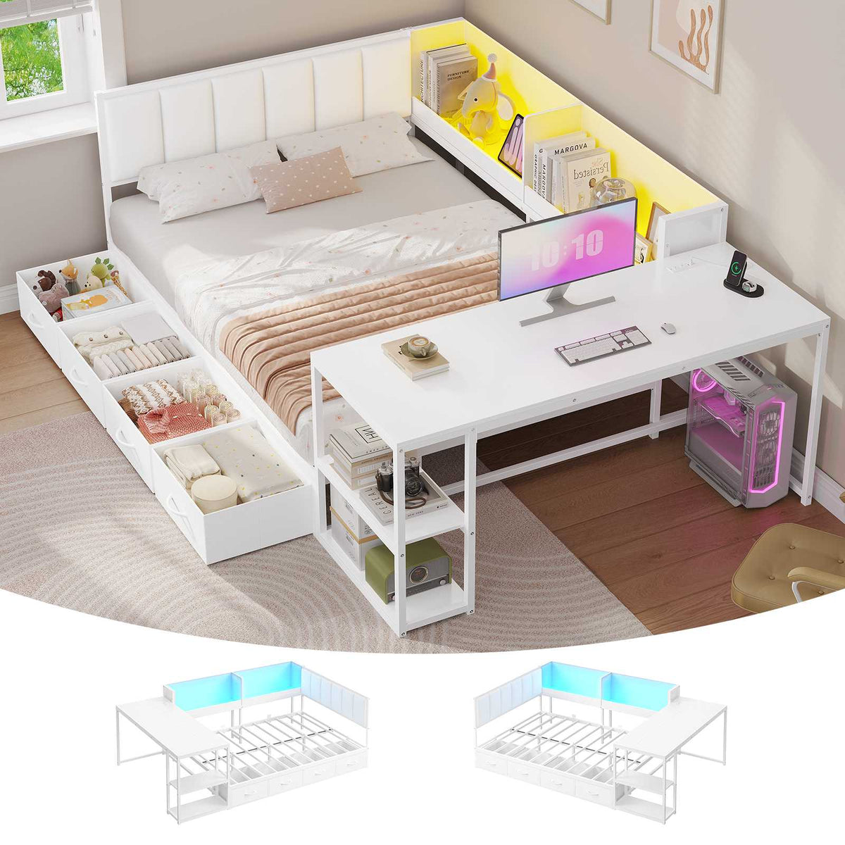 DICTAC | Corner Bed Frame with Gaming Desk, 4 Drawers & Charging Station - White