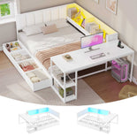 DICTAC | Corner Bed Frame with Gaming Desk, 4 Drawers & Charging Station - White