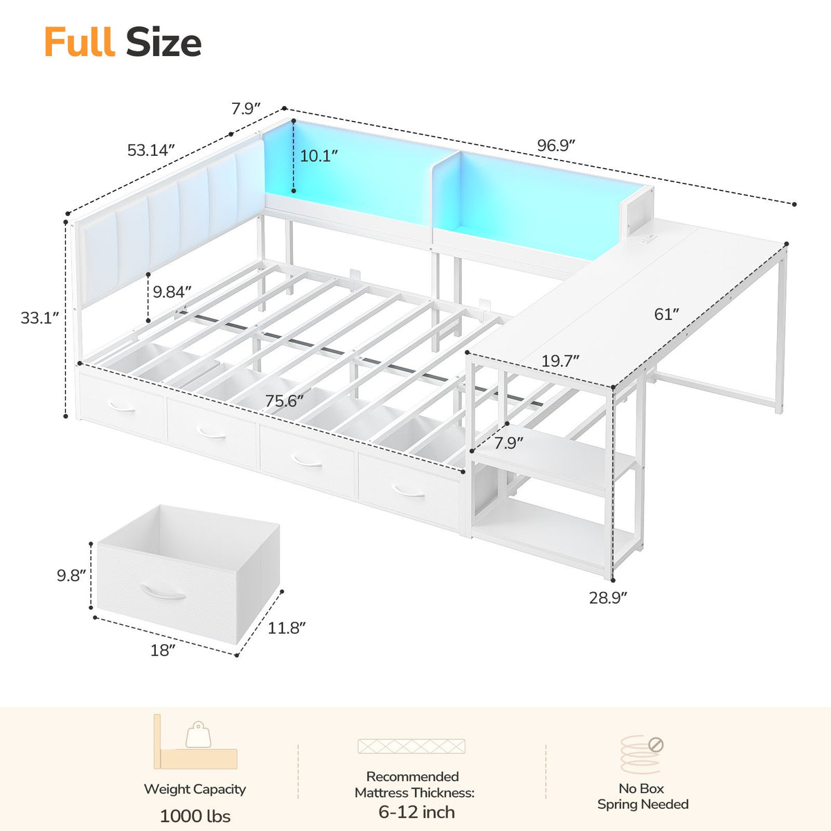 DICTAC | Corner Bed Frame with Gaming Desk, 4 Drawers & Charging Station - White
