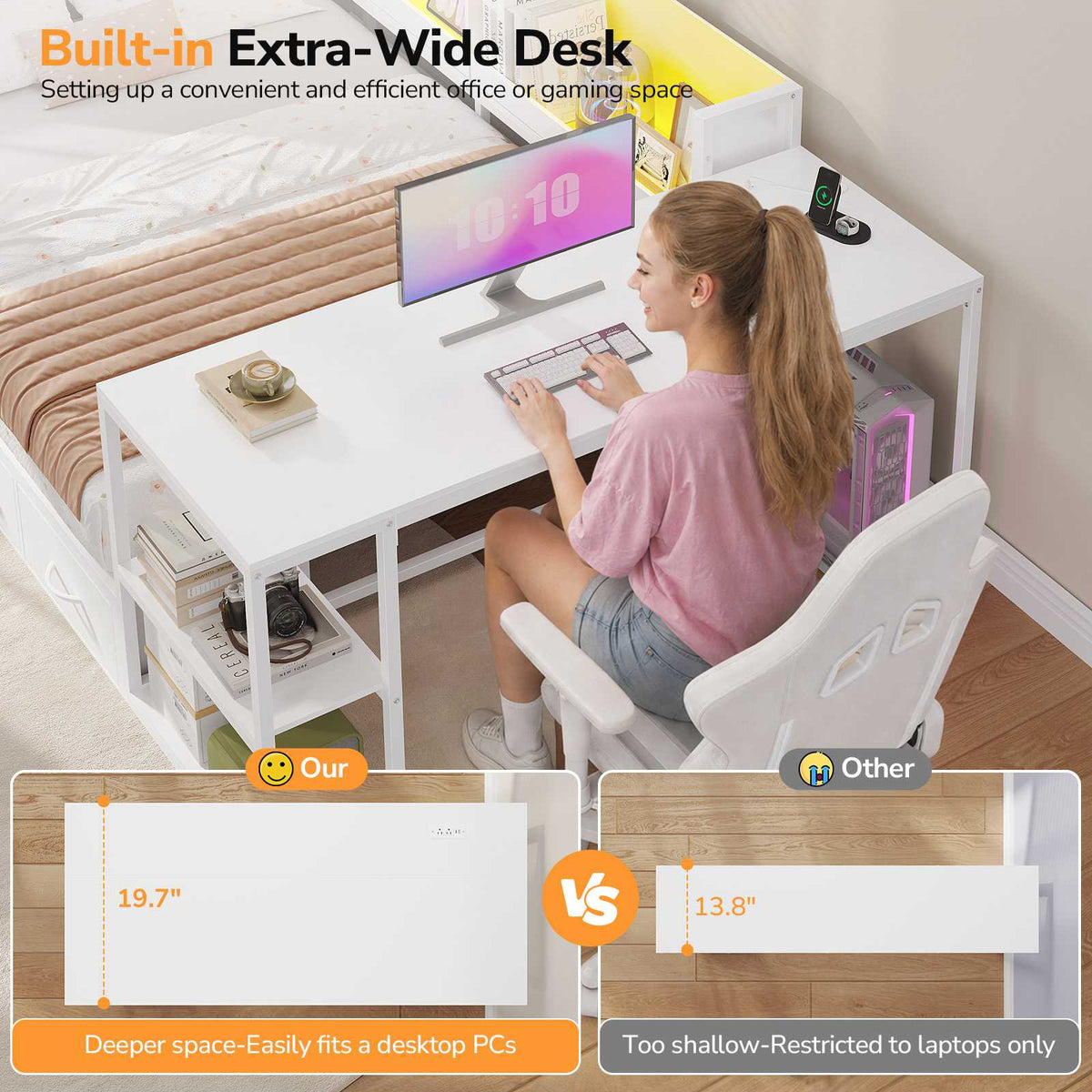 DICTAC | Corner Bed Frame with Gaming Desk, 4 Drawers & Charging Station - White