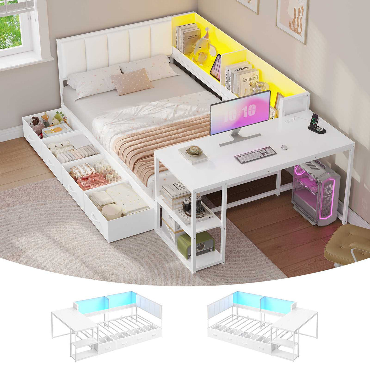DICTAC | Corner Bed Frame with Gaming Desk, 4 Drawers & Charging Station - White
