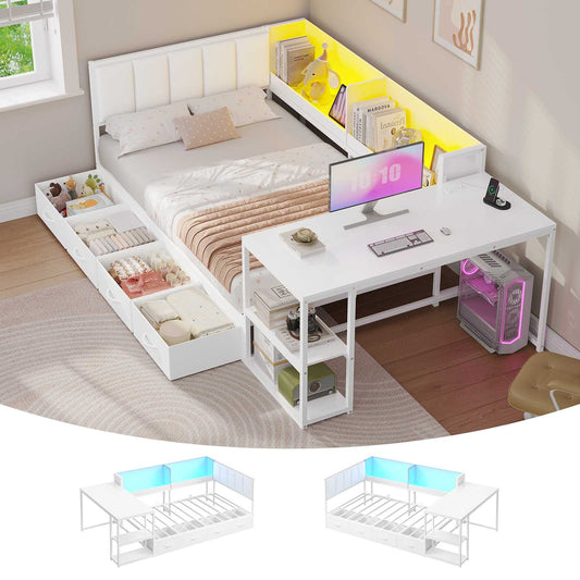 DICTAC | Corner Bed Frame with Gaming Desk, 4 Drawers & Charging Station - White