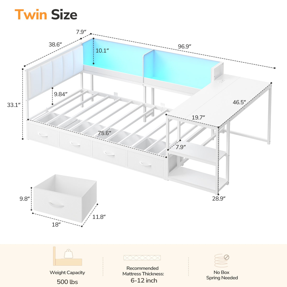 DICTAC | Corner Bed Frame with Gaming Desk, 4 Drawers & Charging Station - White