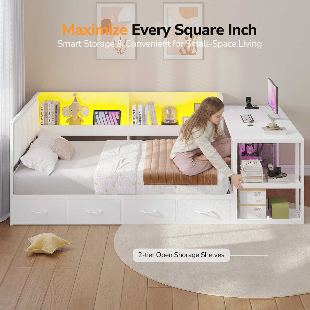DICTAC | Corner Bed Frame with Gaming Desk, 4 Drawers & Charging Station - White