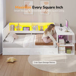 DICTAC | Corner Bed Frame with Gaming Desk, 4 Drawers & Charging Station - White