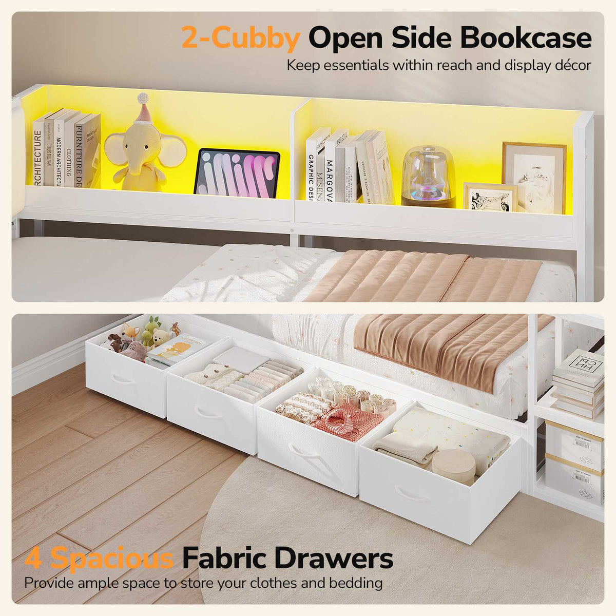 DICTAC | Corner Bed Frame with Gaming Desk, 4 Drawers & Charging Station - White