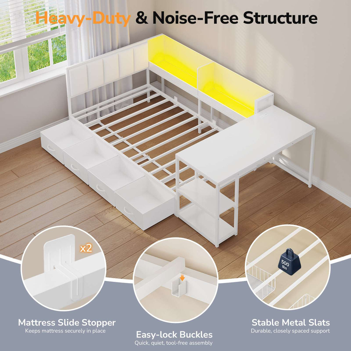 DICTAC | Corner Bed Frame with Gaming Desk, 4 Drawers & Charging Station - White