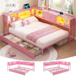 DICTAC | Corner Bed with Storage Drawers, Bookcase Headboard, Charging Station & LED Lights - Pink