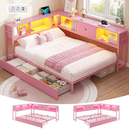 DICTAC | Twin Corner Bed Frame with Storage Drawers, Bookcase Headboard & LED Lights, Pink Platform Daybed for Girls with Charging Station, Metal Corner Bed Frame