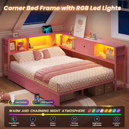 DICTAC | Twin Corner Bed Frame with Storage Drawers, Bookcase Headboard & LED Lights, Pink Platform Daybed for Girls with Charging Station, Metal Corner Bed Frame