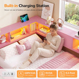 DICTAC | Corner Bed with Storage Drawers, Bookcase Headboard, Charging Station & LED Lights - Pink