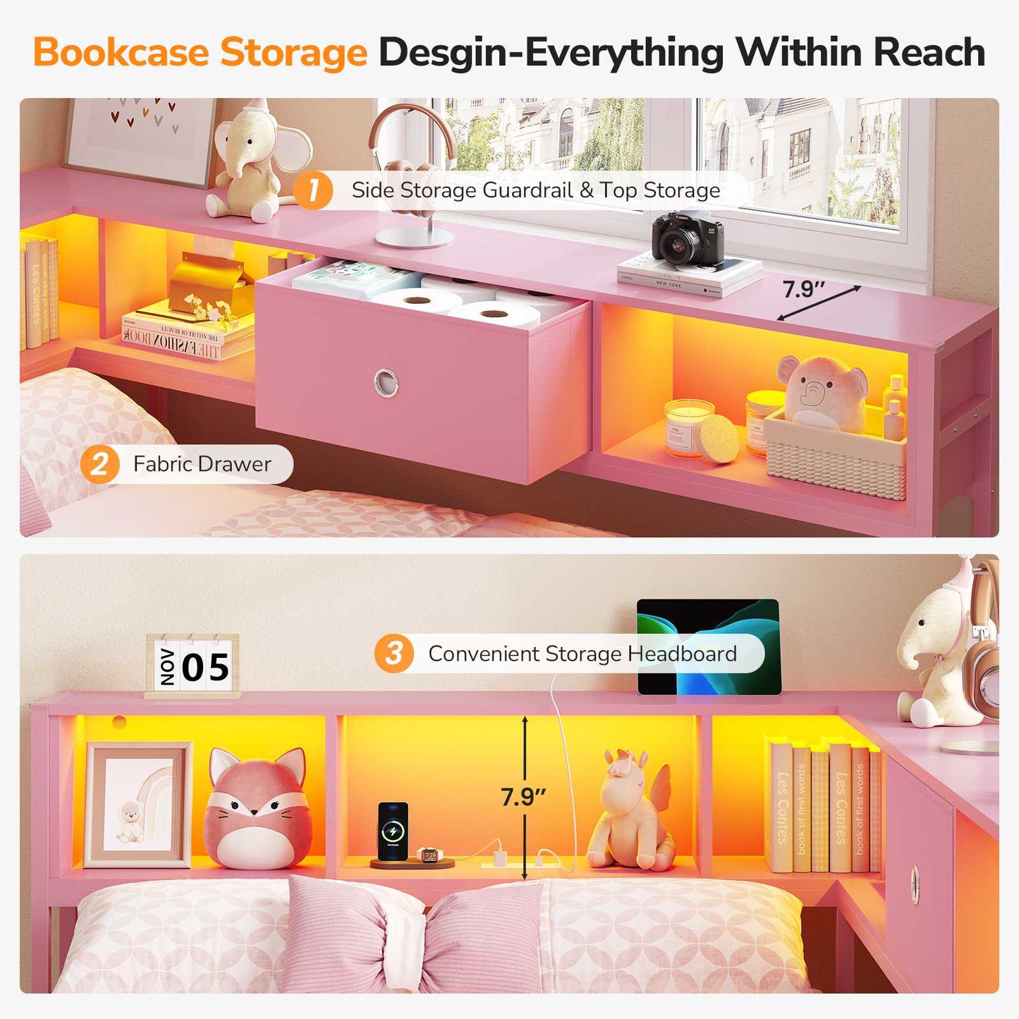 DICTAC | Twin Corner Bed Frame with Storage Drawers, Bookcase Headboard & LED Lights, Pink Platform Daybed for Girls with Charging Station, Metal Corner Bed Frame