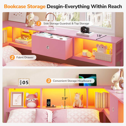 DICTAC | Twin Corner Bed Frame with Storage Drawers, Bookcase Headboard & LED Lights, Pink Platform Daybed for Girls with Charging Station, Metal Corner Bed Frame