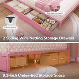 DICTAC | Corner Bed with Storage Drawers, Bookcase Headboard, Charging Station & LED Lights - Pink
