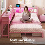 DICTAC | Corner Bed with Storage Drawers, Bookcase Headboard, Charging Station & LED Lights - Pink