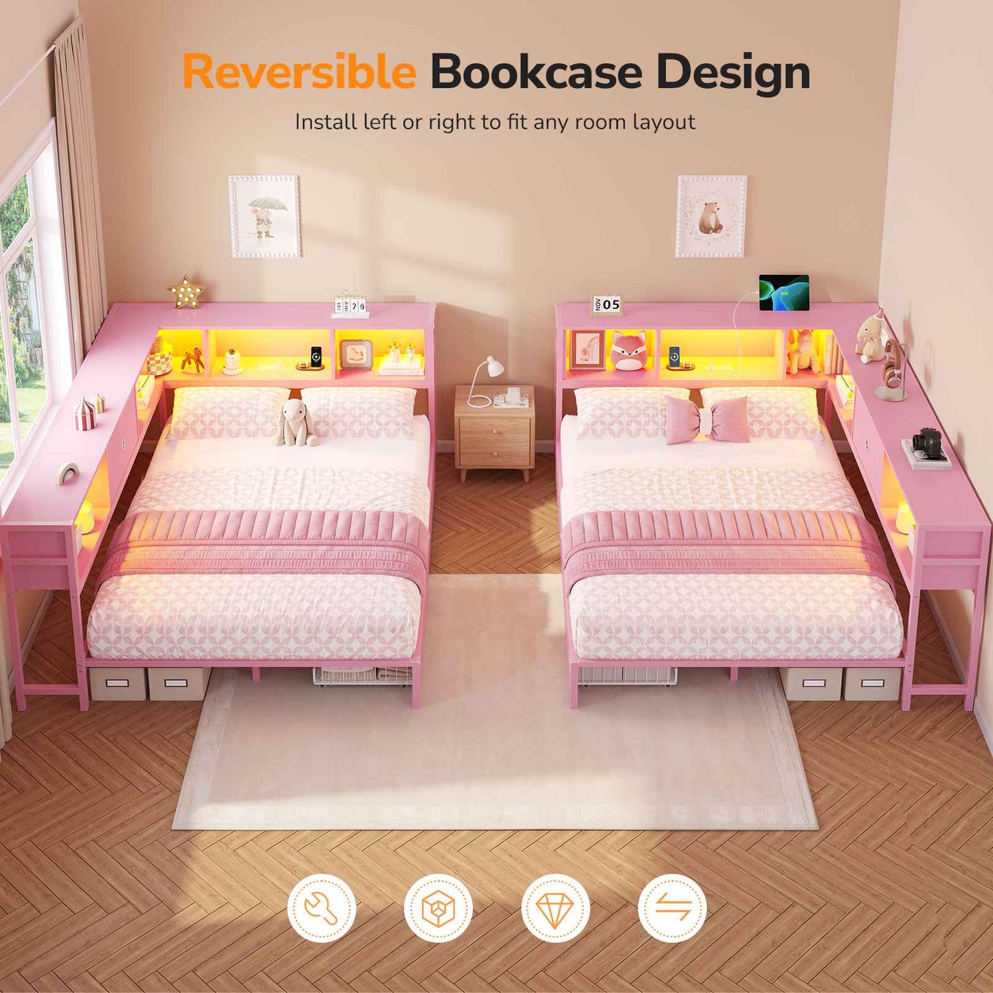 DICTAC | Twin Corner Bed Frame with Storage Drawers, Bookcase Headboard & LED Lights, Pink Platform Daybed for Girls with Charging Station, Metal Corner Bed Frame