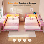 DICTAC | Corner Bed with Storage Drawers, Bookcase Headboard, Charging Station & LED Lights - Pink
