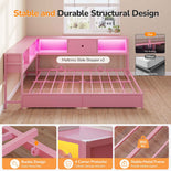 DICTAC | Corner Bed with Storage Drawers, Bookcase Headboard, Charging Station & LED Lights - Pink