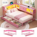 DICTAC | Corner Bed with Storage Drawers, Bookcase Headboard, Charging Station & LED Lights - Pink