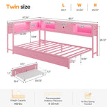 DICTAC | Corner Bed with Storage Drawers, Bookcase Headboard, Charging Station & LED Lights - Pink