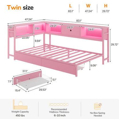 DICTAC | Twin Corner Bed Frame with Storage Drawers, Bookcase Headboard & LED Lights, Pink Platform Daybed for Girls with Charging Station, Metal Corner Bed Frame