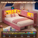 DICTAC | Corner Bed with Storage Drawers, Bookcase Headboard, Charging Station & LED Lights - Pink