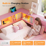 DICTAC | Corner Bed with Storage Drawers, Bookcase Headboard, Charging Station & LED Lights - Pink
