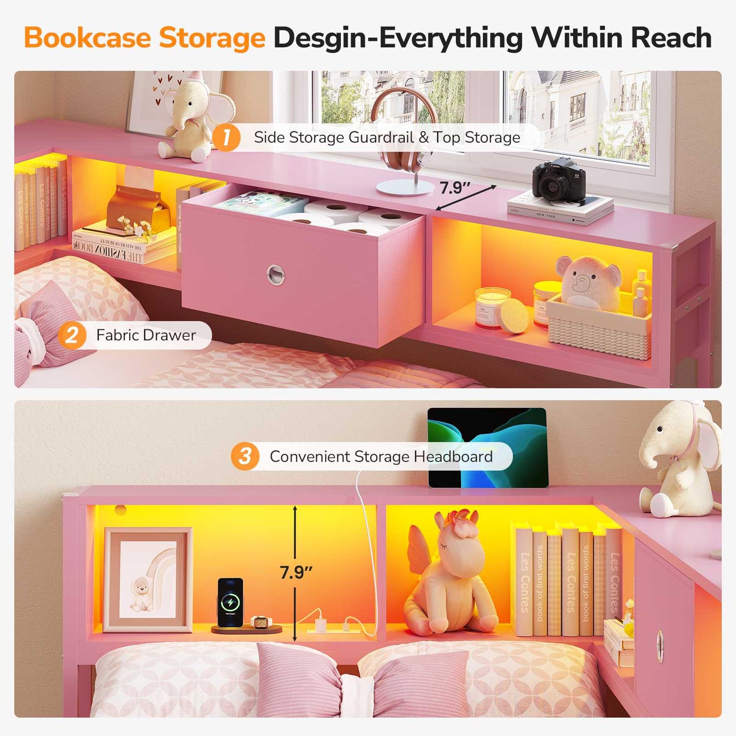 DICTAC | Twin Corner Bed Frame with Storage Drawers, Bookcase Headboard & LED Lights, Pink Platform Daybed for Girls with Charging Station, Metal Corner Bed Frame