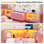DICTAC | Corner Bed with Storage Drawers, Bookcase Headboard, Charging Station & LED Lights - Pink